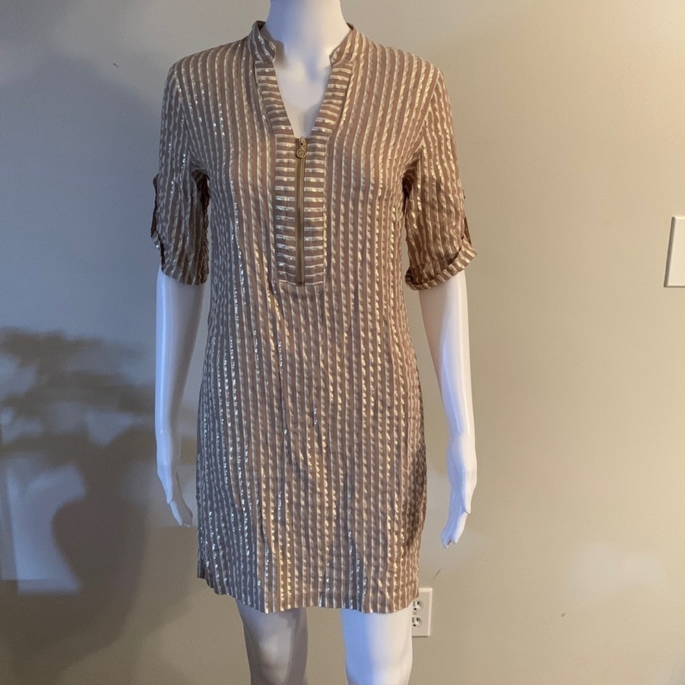 Anne Klein Mini Dress Gold Metallic white and tan, Size 6, very good condition